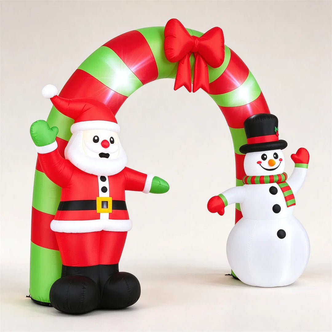 Uppblåsbar julportal med tomte och snögubbe