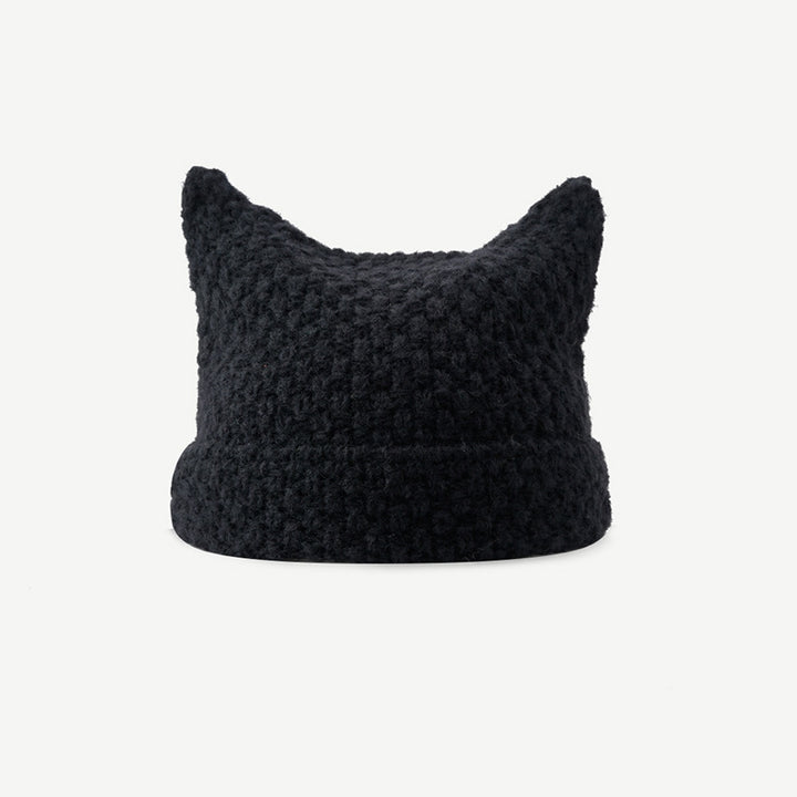Randig stickad mössa med kattöron och stjärna
