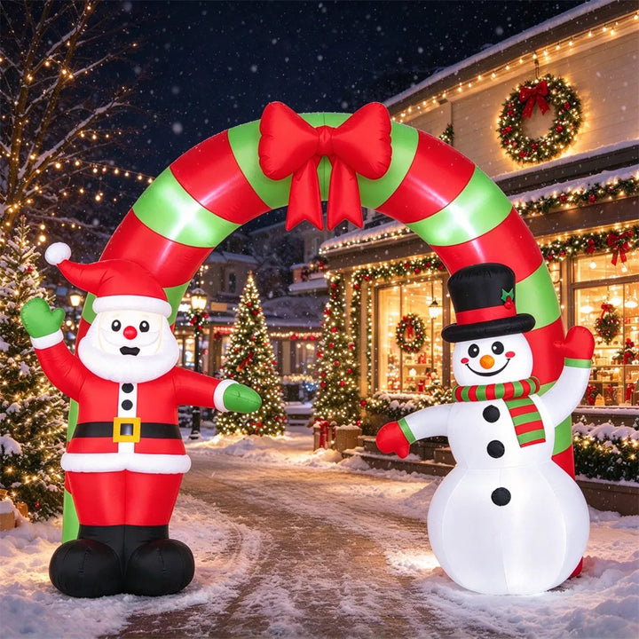Uppblåsbar julportal med tomte och snögubbe