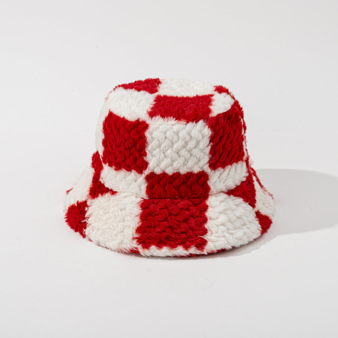 Schackrutig buckethatt i brun teddyplysch
