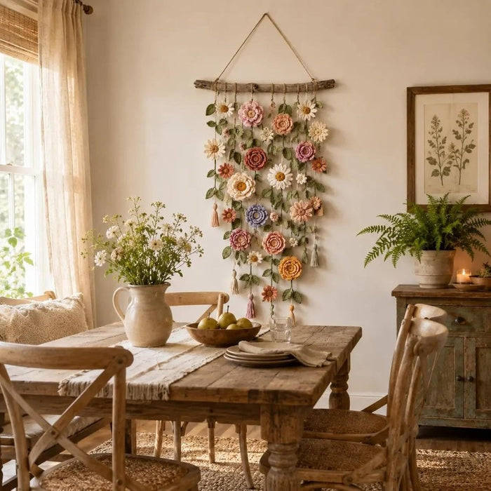 Myslunda Boho vägghängning med tygblommor på trägren