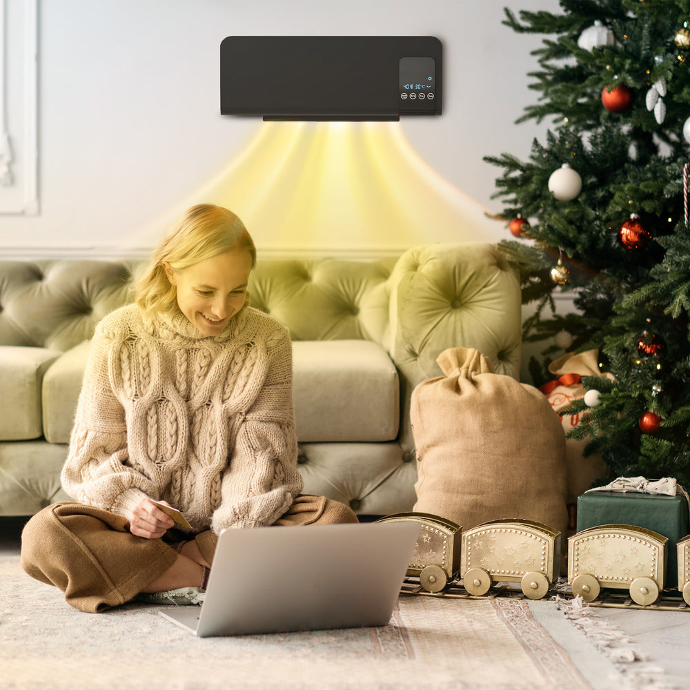 Svart oscillerande väggvärmefläkt med LED-panel