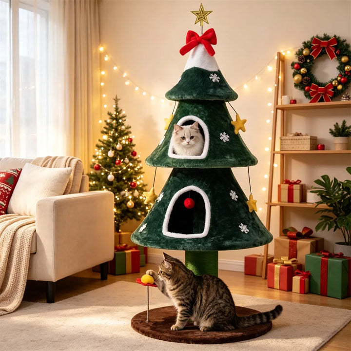 Kattträd som julgran med stjärna