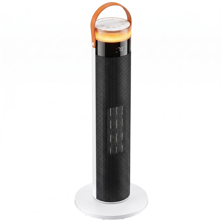 Vit tornvärmefläkt med LED-ring och läderrem