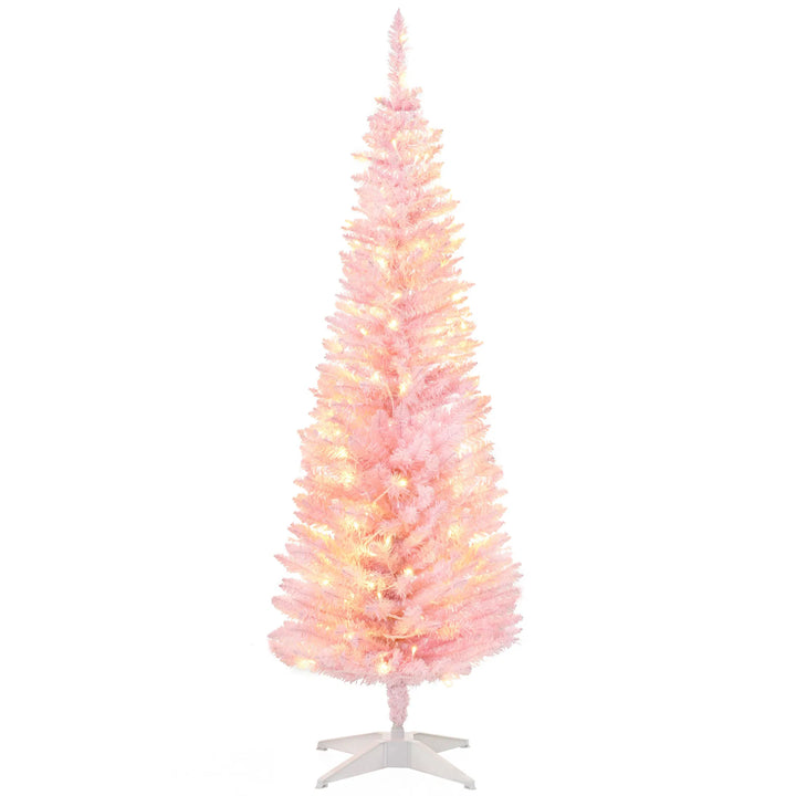 Rosa smal julgran med varmvita ljus