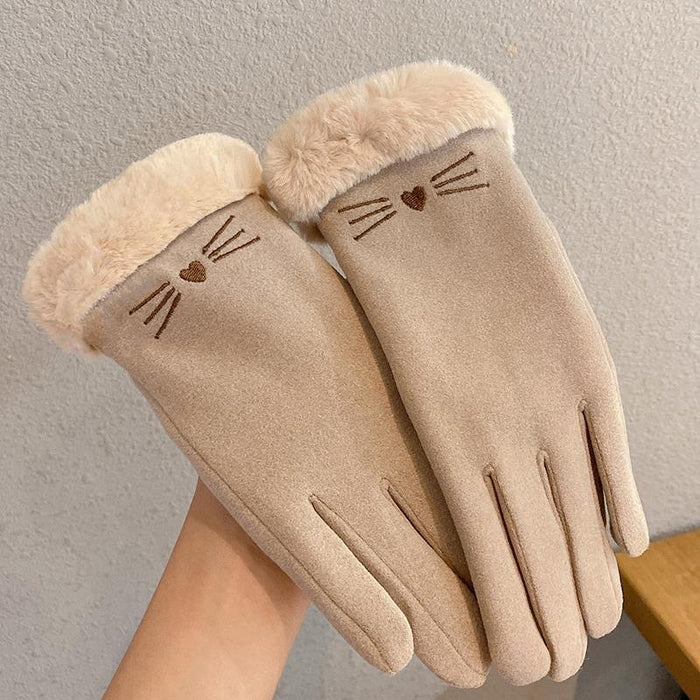 Myslunda Handskar i mockalook med pälsmudd och kattmotiv