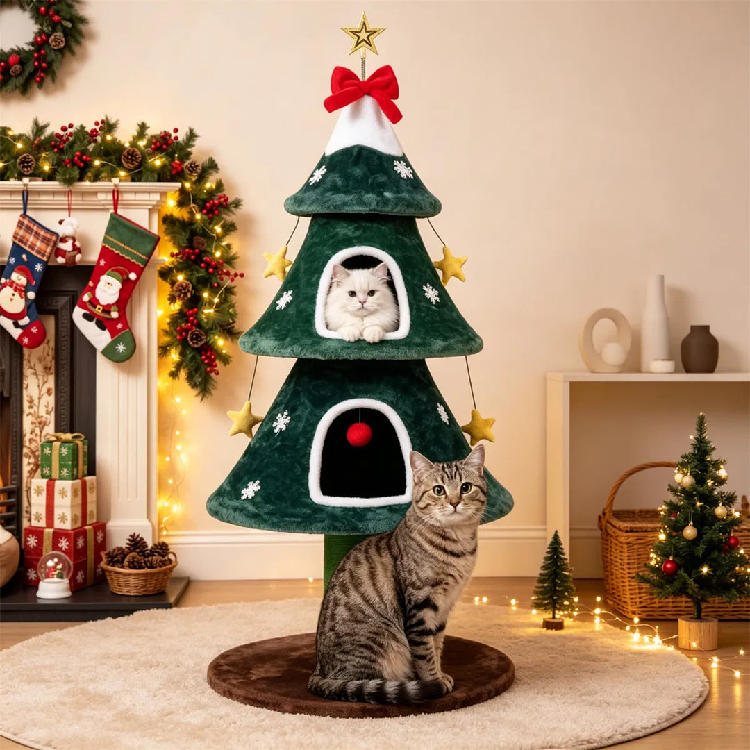 Kattträd som julgran med stjärna