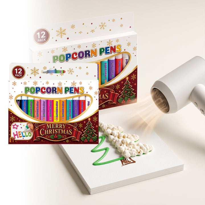 Tolv färgglada puffpennor med julmotiv på papper