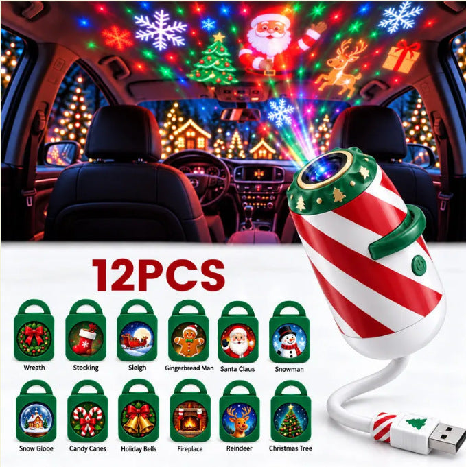 Polkagrisrandig USB-projektor med julmotiv i biltak