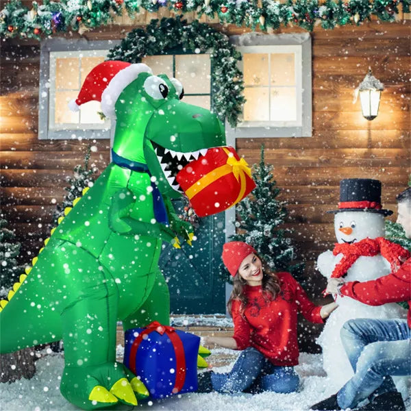 Uppblåsbar T-rex med tomteluva och julklappar