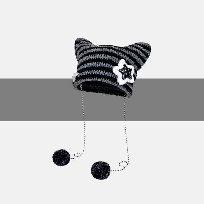 Myslunda Stickad kattöronmössa med stjärna eller pompomband
