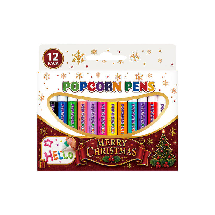 Tolv färgglada puffpennor med julmotiv på papper