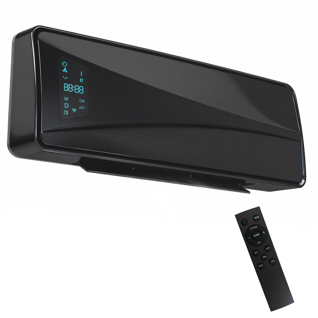 Svart väggmonterad värmefläkt med LED-display