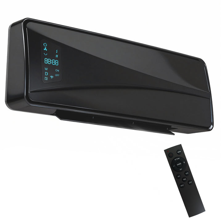 Svart väggmonterad värmefläkt med LED-display
