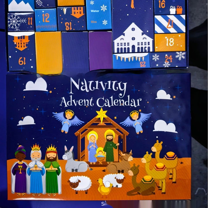 Adventskalender med 24 askar byggklossar julscen