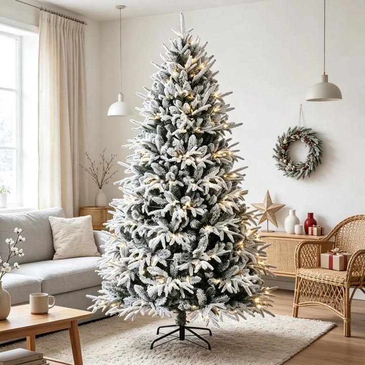 Fyllig snöflockad julgran med ljus