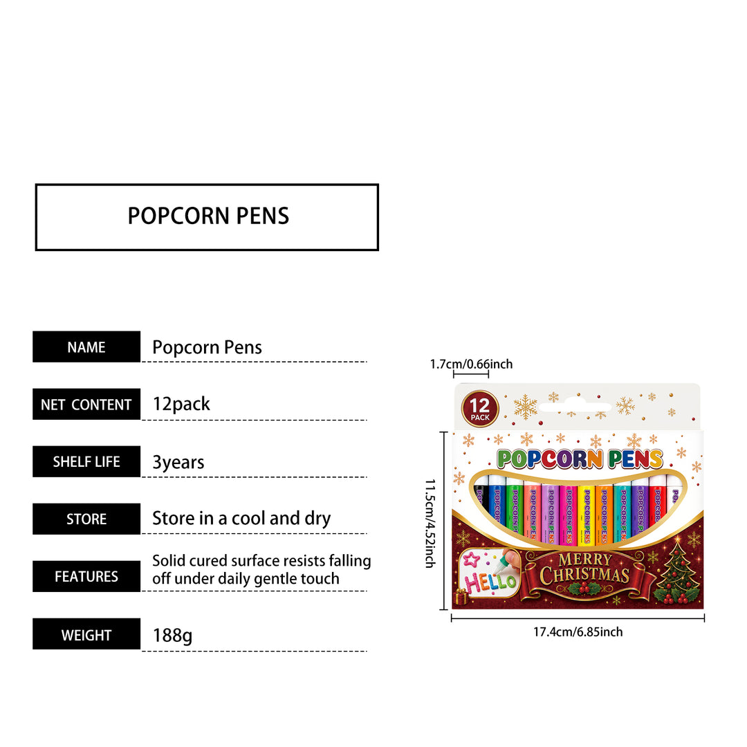Tolv färgglada puffpennor med julmotiv på papper