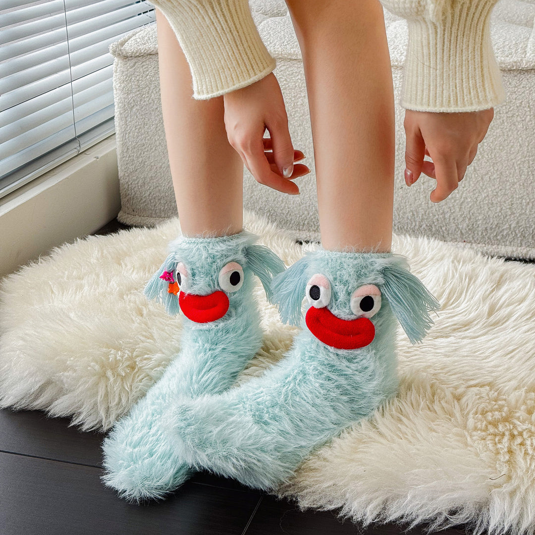 Fluffiga fleecestrumpor med kaninansikte på tån