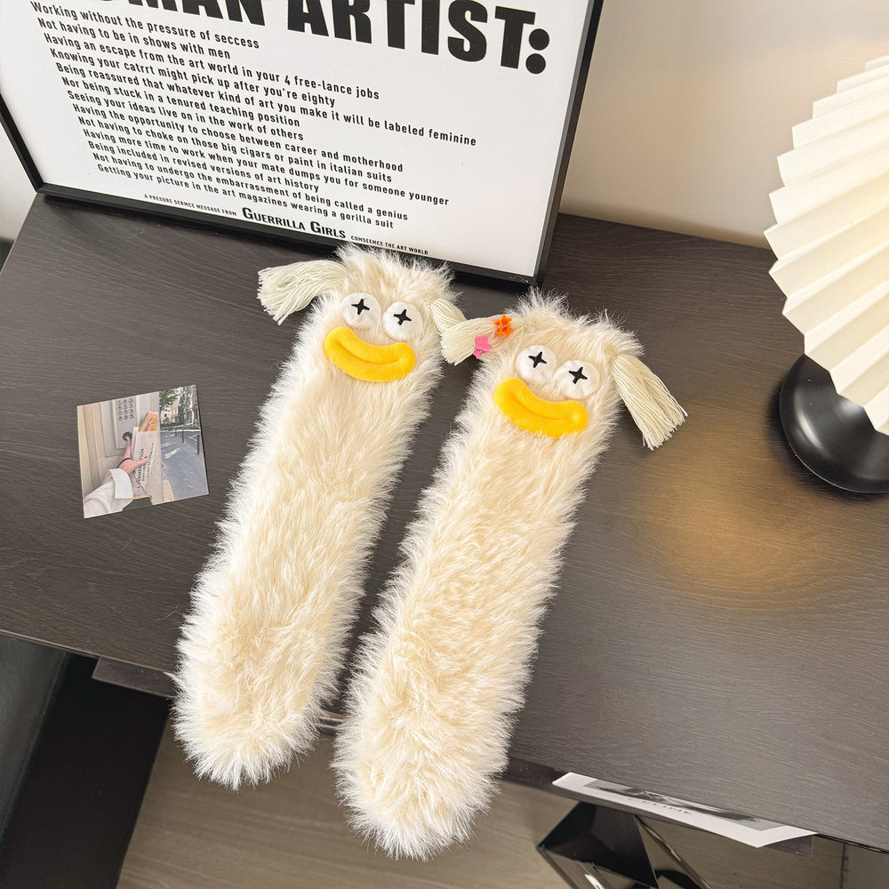 Fluffiga fleecestrumpor med kaninansikte på tån