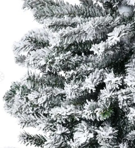 Hög smal snöig julgran