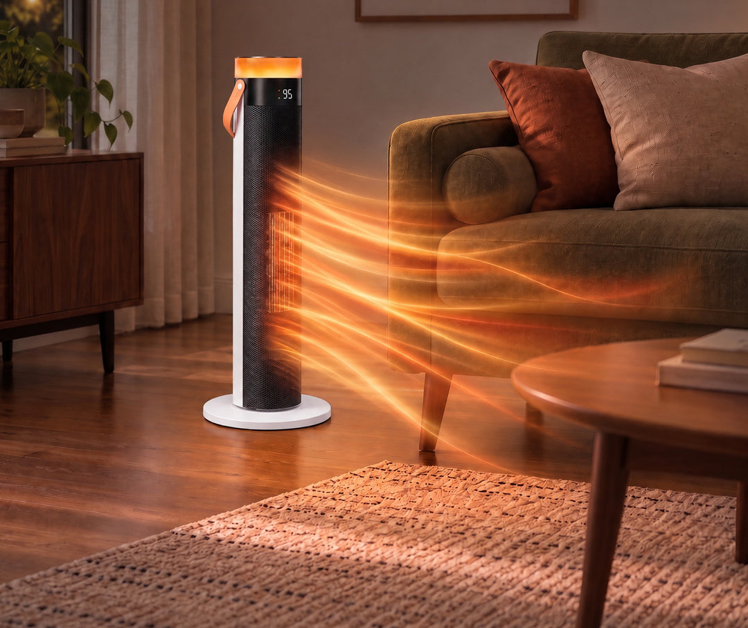 Vit tornvärmefläkt med LED-ring och läderrem