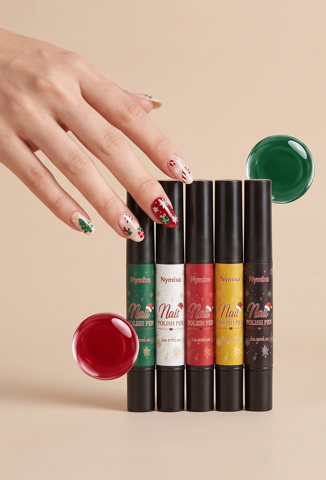 Sex nagellackspennor i julfärger