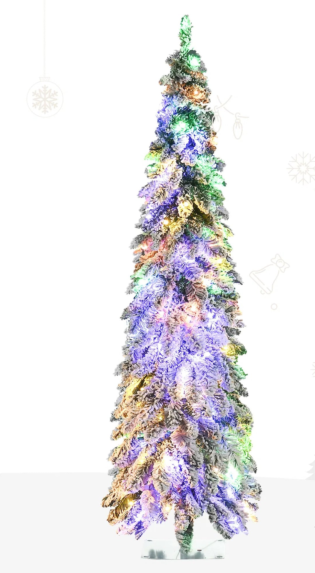 Smal snöig julgran med tvåfärgade ljus