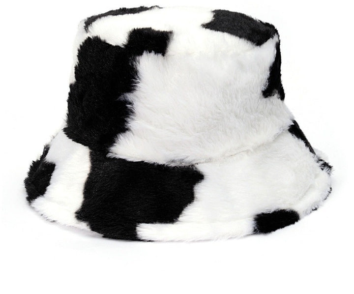 Fluffig buckethatt i fuskpäls med leopardmönster