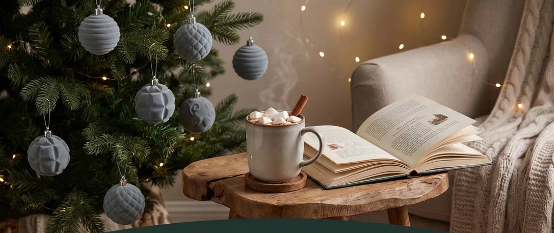 Grå julkulor i sammet med silverhätta