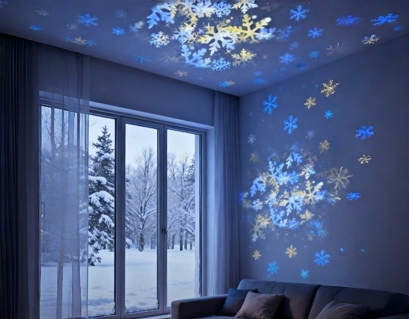 Projektorlampa som visar snöflingor på väggen