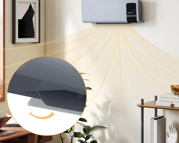Grå oscillerande väggvärmefläkt med LED-panel