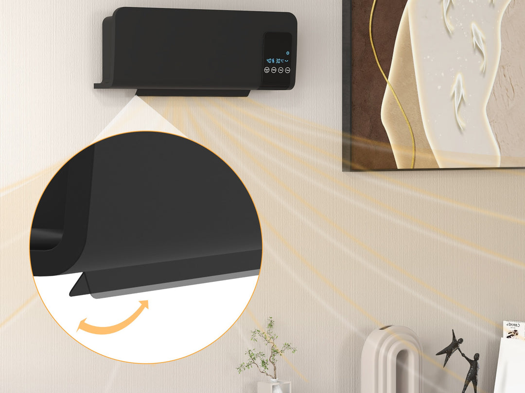 Svart oscillerande väggvärmefläkt med LED-panel