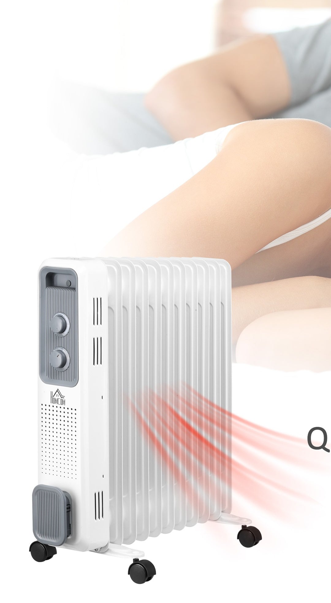 Vitt oljefyllt element med elva lameller på hjul