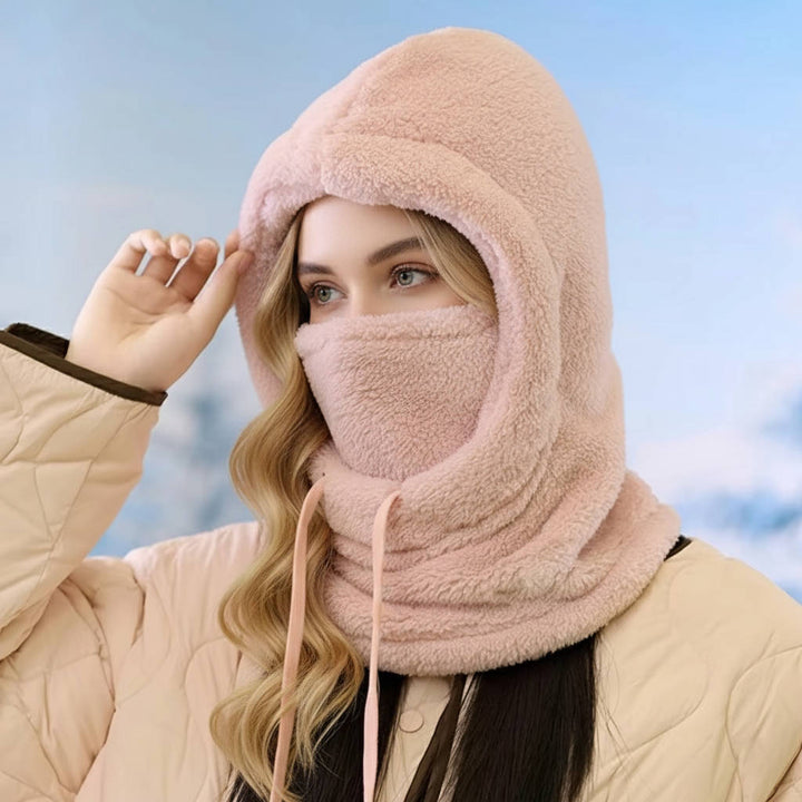 Balaclava i fleece med dragsko och extra lång halsdel