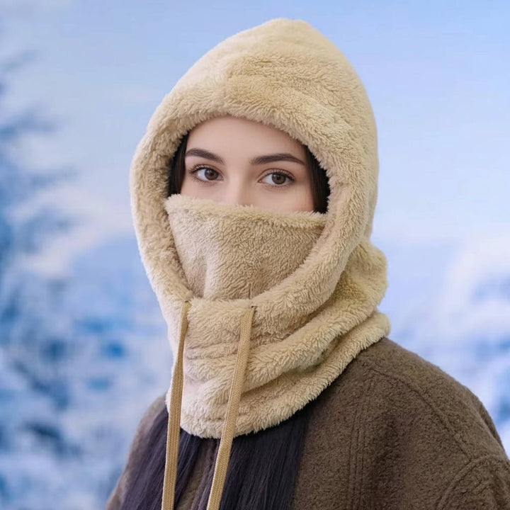 Balaclava i fleece med dragsko och extra lång halsdel