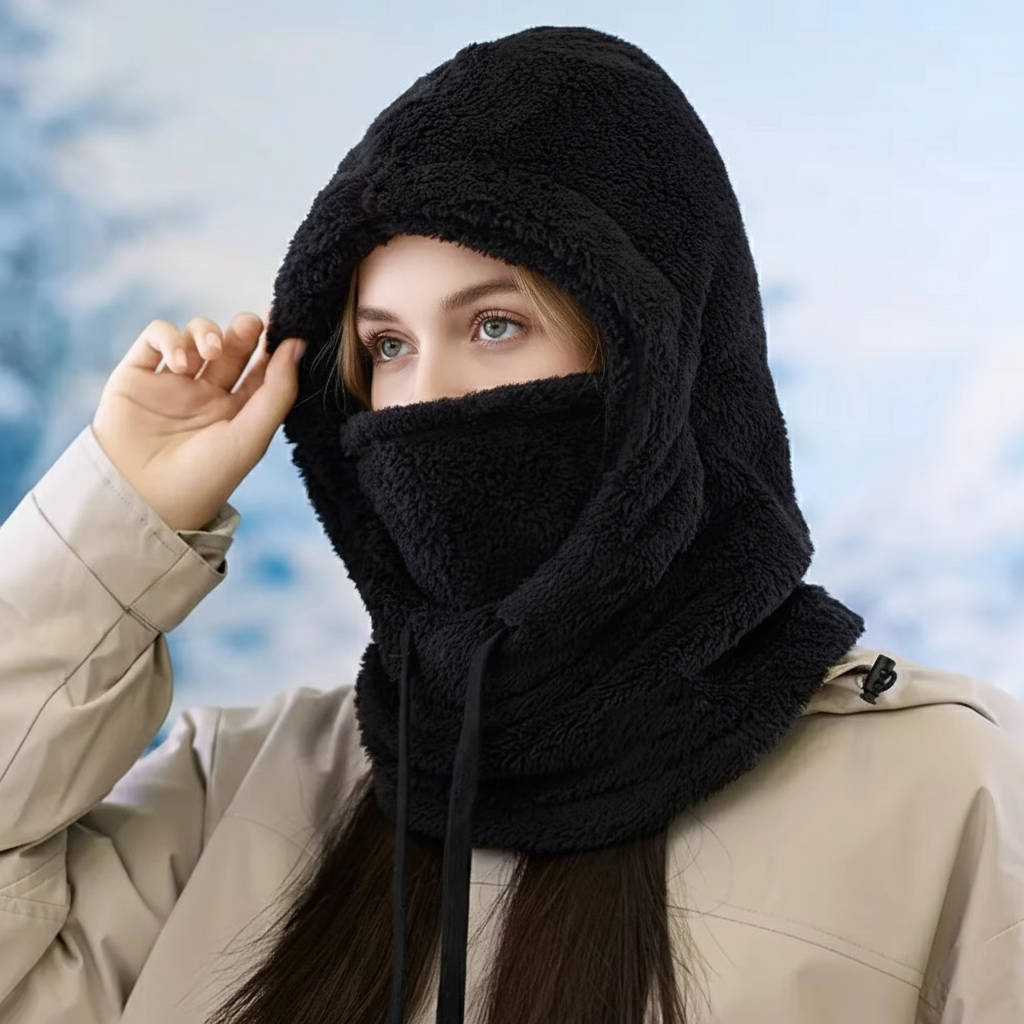 Balaclava i fleece med dragsko och extra lång halsdel