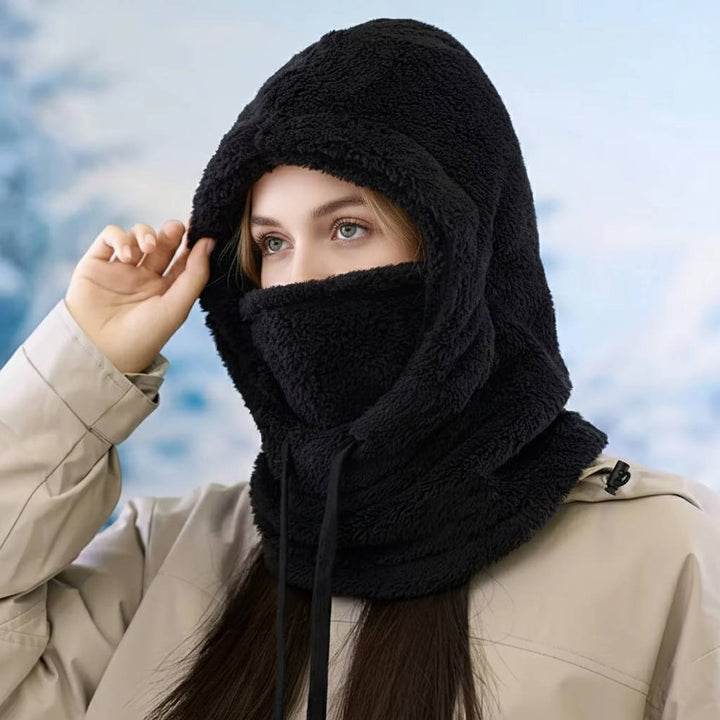 Balaclava i fleece med dragsko och extra lång halsdel