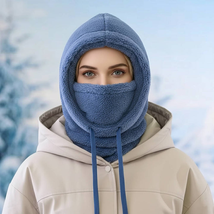 Balaclava i fleece med dragsko och extra lång halsdel