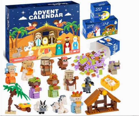 Adventskalender med 24 askar byggklossar julscen