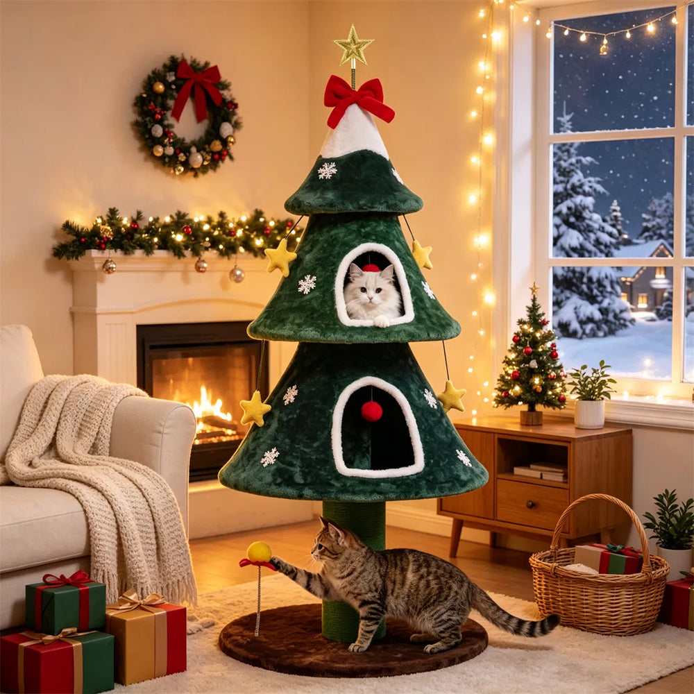 Kattträd som julgran med stjärna