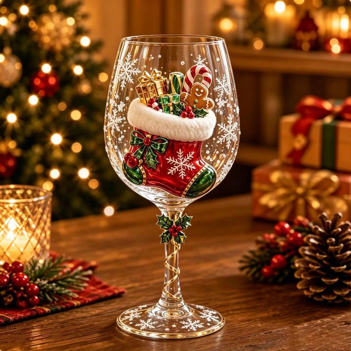 Vinglas med julmotiv på foten