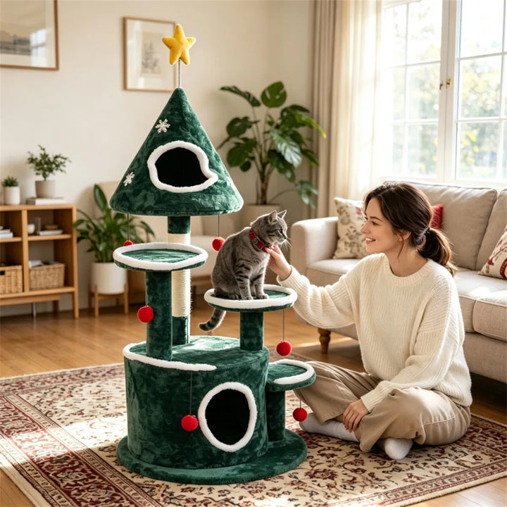 Juligt kattträd med bjällerbollar
