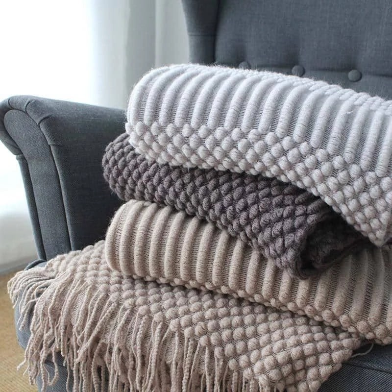 Grovstickad Pläd med Frans Strukturerad Popcorn Supermjuk Polyester Soffa Storlek 127x170cm