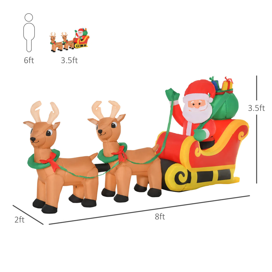 Uppblåsbar lysande tomte i släde med renar