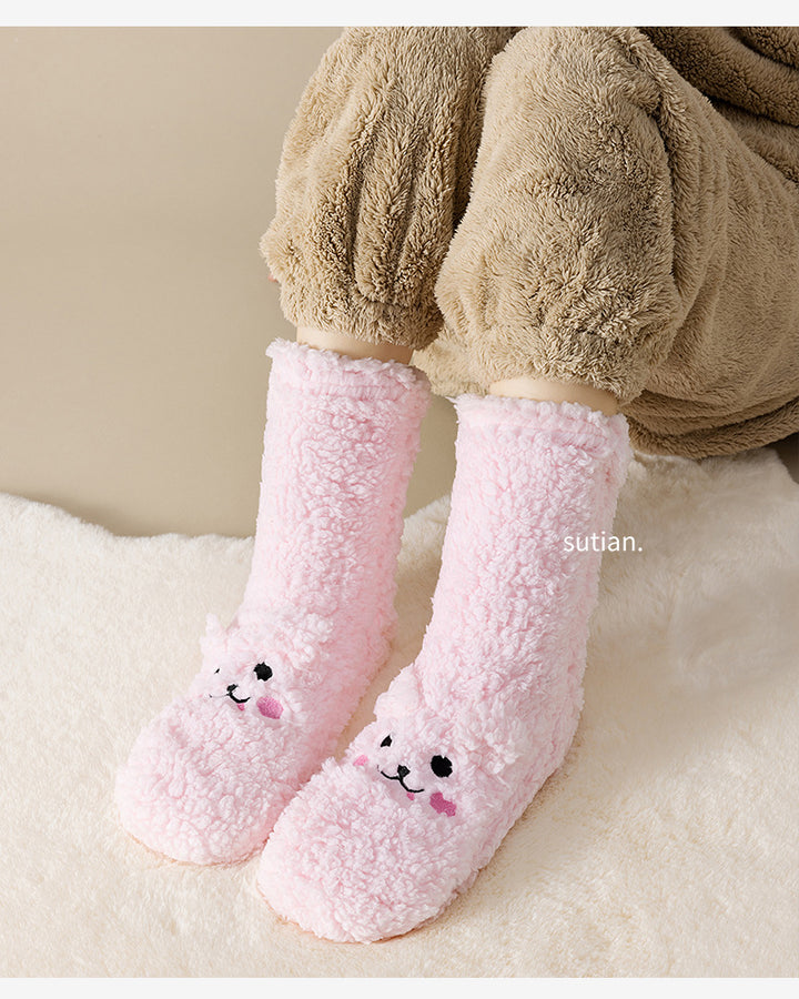 Fluffiga fleecestrumpor med kaninansikte på tån