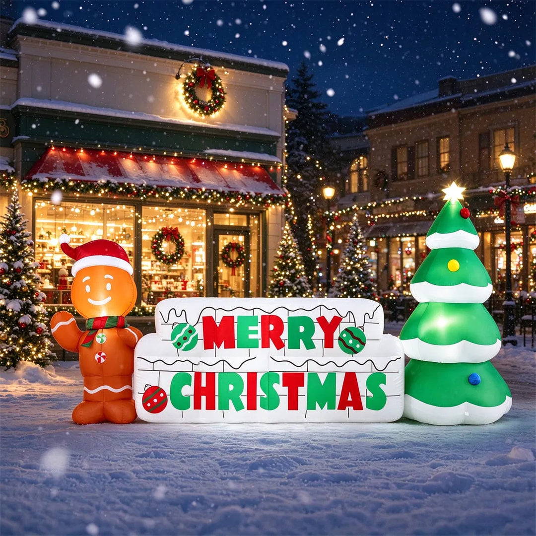 Uppblåsbar lysande julskylt med pepparkaksgubbe