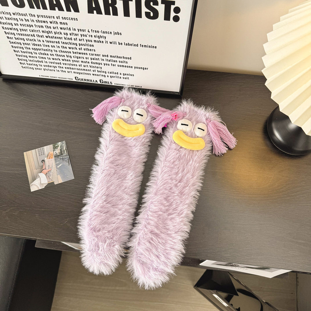 Fluffiga fleecestrumpor med kaninansikte på tån