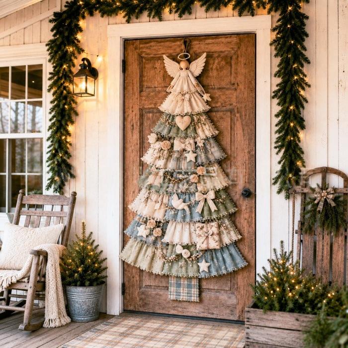 Julgransformad patchworkdekoration på dörr