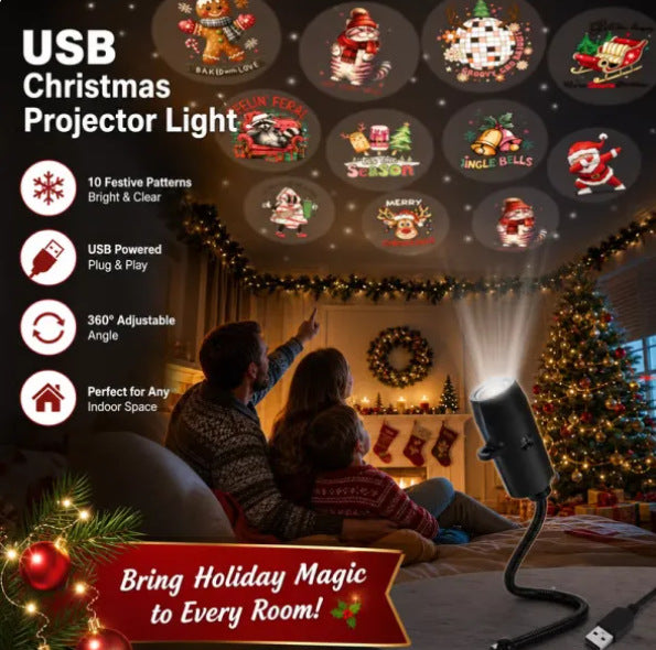 Liten USB-projektor som visar julmotiv på vägg