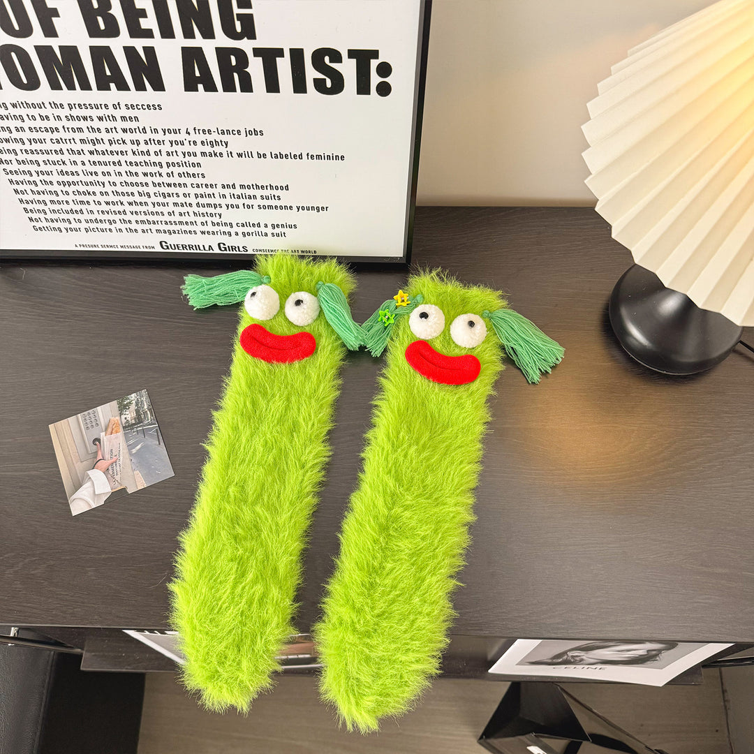 Fluffiga fleecestrumpor med kaninansikte på tån